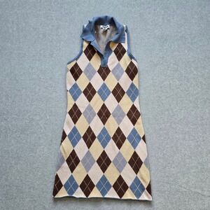 RSQ Womens Sleeveless Argyle Knit Polo Dress Medium Blue Tan Brown Preppy Y2K